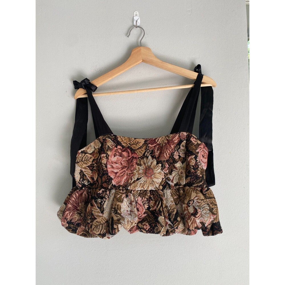 NWT En Saison Floral Brocade Peplum Top Black Pink Gold Ribbon Tie Straps Glam